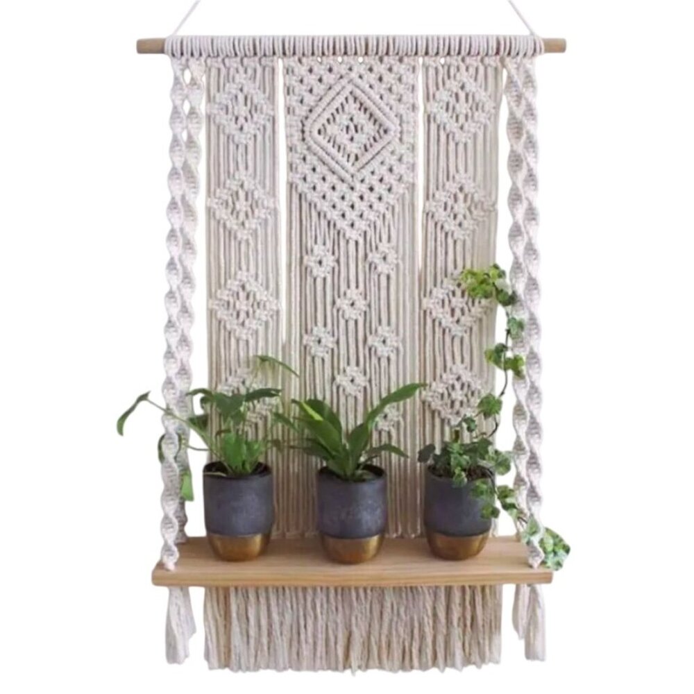 Handmade Macrame Floating Shelf Boho Rope Woven Tapestry Plant Hanger Wood
